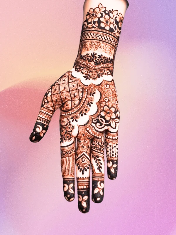 Front hand adorned with a tapestry of simple mehndi design