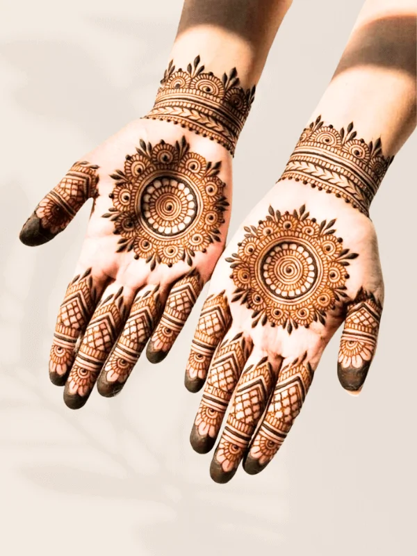 Whimsical mehndi patterns weaving magic on the front hand